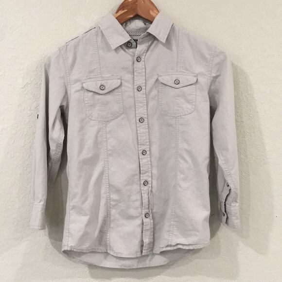 First Wave Boy Sz 8 Gray Button Up Shirt 100% Cotton Roll Tab Sleeve‎ - Picture 1 of 11